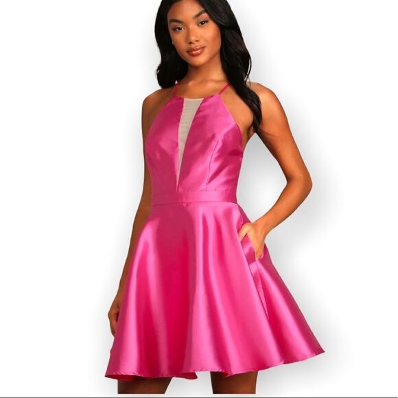 NWT Hot Pink Satin Plunge Skater Dress With Pockets - Picture 3 of 6